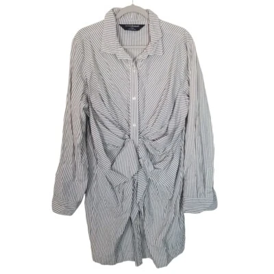 Norma Kamali Womens XXL Gray White Striped Tie Front Long Sleeves Shirt Dress - Image 1 of 4