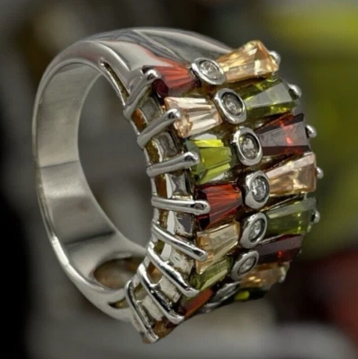 Anello Donna Argento 925 cristalli baguette multicolor 8,72Gr Misura 15 elegante - Immagine 1 di 4