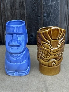 Paar große Tiki Keramik Cocktail Tassen Retro Tiki Hausbar Pflanzenvasen. - Bild 1 von 12