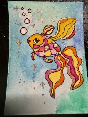 Pez Arco Iris Dorado Brillante ACEO ATC Miniatura Original Pintura Acuarela Foto 1 de 3