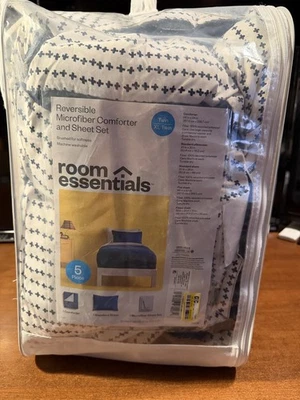 Juego de edredón y sábanas de microfibra sólida extra largas dobles de 5 piezas azul marino/gris - Foto 1 de 4