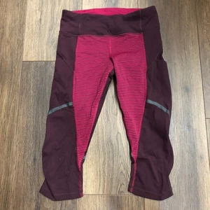 Lululemon Cropped Leggings Womens 4 Maroon Burgundy Stripe Activewear Yoga Pants - Picture 1 of 7