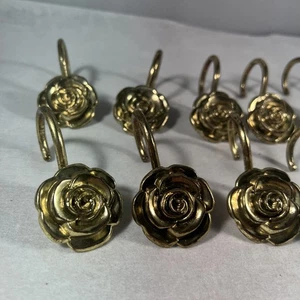 Vtg Gold Tone Rose Flower Shower Curtain Floral Hooks (12) - Picture 1 of 7