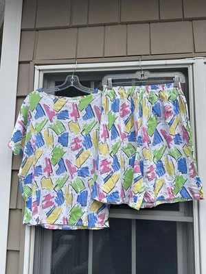 Conjunto de 2 pantalones cortos St Eve abstractos años 80 talla mediana Deadstock Foto 1 de 4