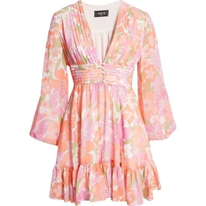 Neu mit Etikett Vici Babydoll-Minikleid Blumenmuster Chiffon tiefer Ausschnitt Langarm Rüschensaum M - Bild 1 von 10