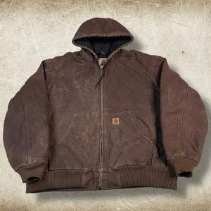 Vintage Men's Carhartt J130 DKB Dark Brown Hooded Canvas Jacket Coat Size XL - Picture 1 of 13