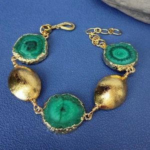 Real Green Golden Agate Slice Gem Stones Brushed Beaded Bracelet - Picture 1 of 5