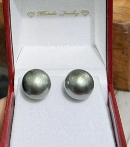 12mm Round Natural South Sea Tahitian Pearl Stud Earrings In Platinum. - Picture 1 of 8
