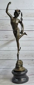 NUDE FLYING MERCURY BRONZE STATUE MARBLE BASE SCULPTURE ART ROMAN MYTHICAL GIFT - Picture 1 of 10