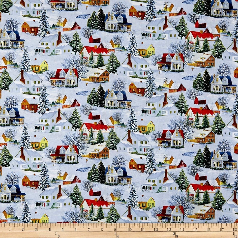 Christmas Fabric - Let It Snow Holiday House Scene Blue - Blank Quilting YARD - Image 1 of 1