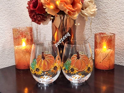 Juego de 2 copas de vino sin tallo calabazas naranja gilo solar otoño acción de gracias decoración Foto 1 de 3