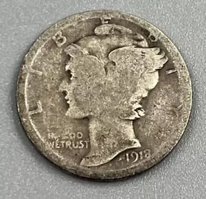 Moneda de diez centavos Mercury de plata 1918 promedio circulada AVC - Imagen 1 de 2