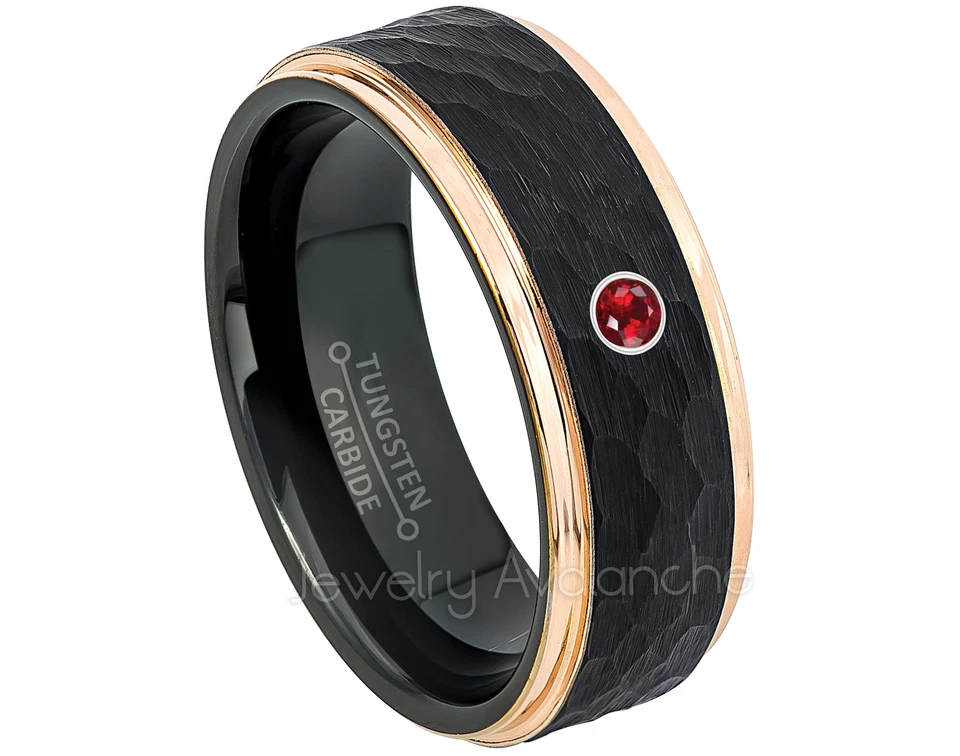 Anillo de tungsteno martillado de 2 tonos 0,07 quilates anillo de rubí para hombre, anillo de piedra de nacimiento de julio #699 Foto 1 de 1