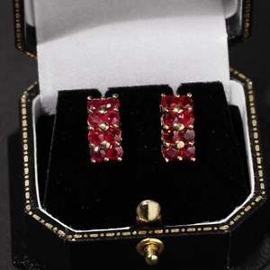 Natural Pink Red Ruby Two Row Hoop Stud Earrings 9ct Gold Channel Set Certified - Picture 1 of 10