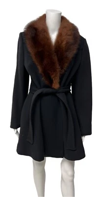 复古 Ms Elle 女式羊毛混纺大衣人造毛皮领腰带尺寸 M/L — 第 1/4 张图片