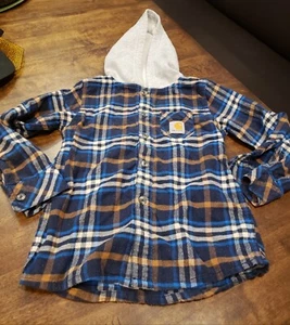 Carhartt Boys Flannel Hoodie Navy Orange Plaid Size 5 - Picture 1 of 5