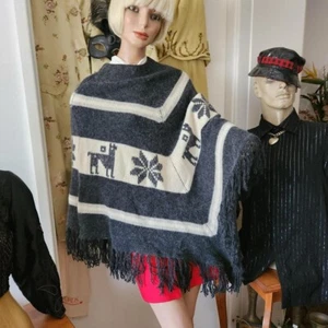 Vintage Grey & White Lambswool & Angora Llamas Poncho Peruvian Style One Size - Picture 1 of 7