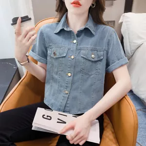 Lady Short Sleeve Denim Jacket Button-Down Crop Jean Coat Denim Shirt Tops Basic - Picture 1 of 20