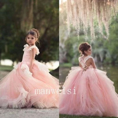 Pink Lace Flower Girl Dress Sleeveless Princess Cute Party Pageant Ball Gowns  - Image 1 of 4
