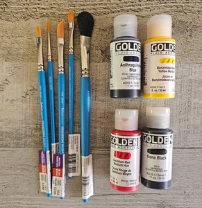 4 Golden Fluid Acrylic - Anthraquinone Cad Red & 5 Princeton Select PaintBrush - Picture 1 of 1