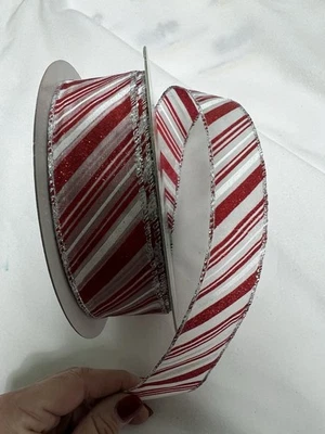 10 Yards 1.5 Inch Wired Winter Christmas Red White Candy Stripe Sparkly Kirkland - Image 1 of 2
