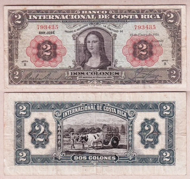 AUCTION Key Date: Authentic 1936 Costa Rica Mona Lisa 2 Colones Orig VF+ Pick167 - Image 1 of 1