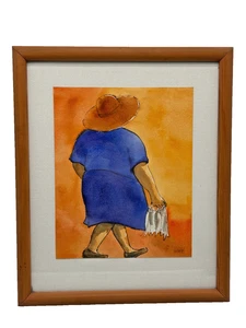 Original COSH '96 Aquarell Gemälde Frau trägt Fisch gerahmt signiert E12 G654 - Bild 1 von 14