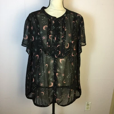 Blusa Torrid Tamanho 3X Feminina Plus Estrela da Lua Preta Babados Transparentes Manga Curta - Imagem 1 de 4
