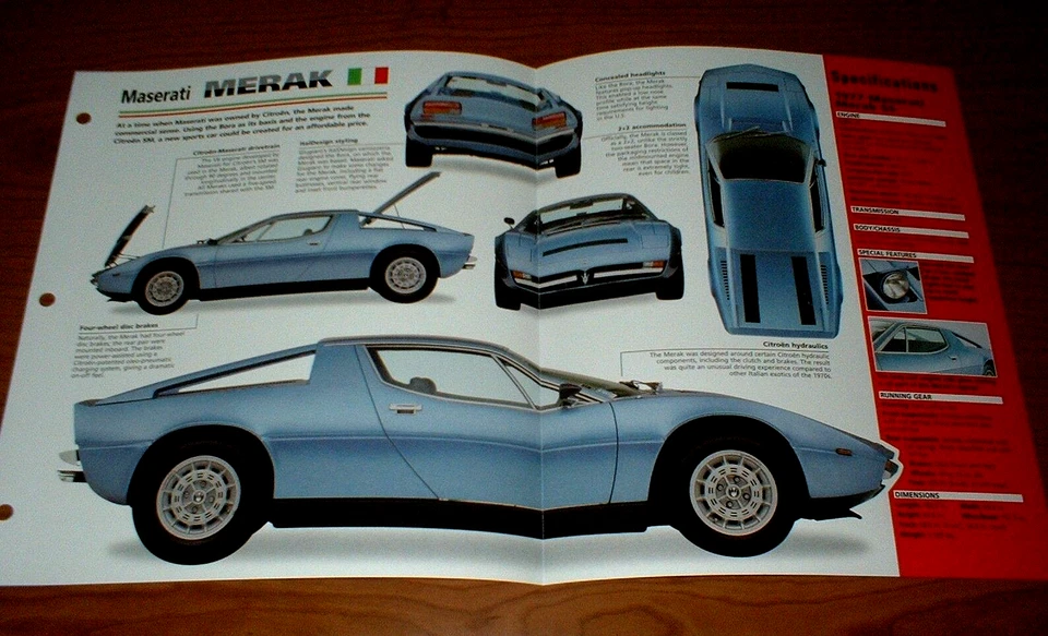 Maserati Merak SS 1977 hoja de especificaciones folleto foto 1972 73 74 75 76 77 78 79 80 82 Foto 1 de 1