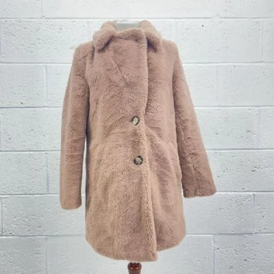 F&F MAUVE PINK FAUX FUR COAT LONGLINE BUTTON UP COLLAR HEAVY Y2K UK 10 - Image 1 of 4