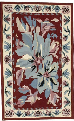 6X9 ft Hand-Hooked Dhurrie Needlepoint Rug Floral Design Chinese Oriental Carpet - Image 1 of 4
