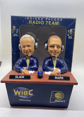 Indiana Pacers Radio Bobbleheads Mark Boyle and "Slick" Leonard New In Box Cover