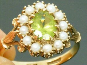 9ct Gold Vintage Peridot & Seedpearl Hallmarked Cluster Ring size Q