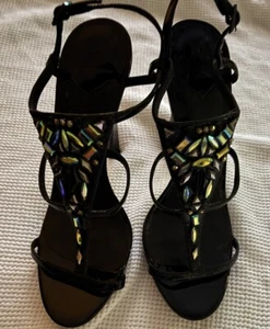 Brian Atwood Size 8 Black Patent Leather Jeweled 5” Heels . - Picture 1 of 7