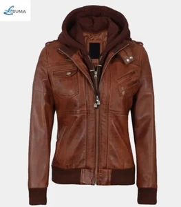 Women’s Cafe Racer Bomber Cognac Leather Jacket with hood - Picture 1 of 4