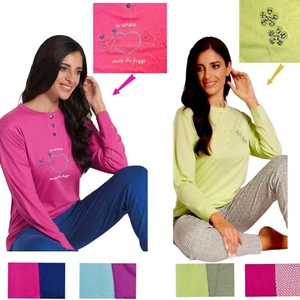 Pigiama donna cotone 100% estivo fresco manica lunga pantalone lungo con polsino - Zdjęcie 1 z 10