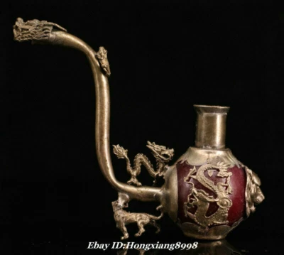 3.9" Antigua China Rojo Jade Plata Dragón Cabeza de Bestia Fénix Vino Tetera Bandera Foto 1 de 4