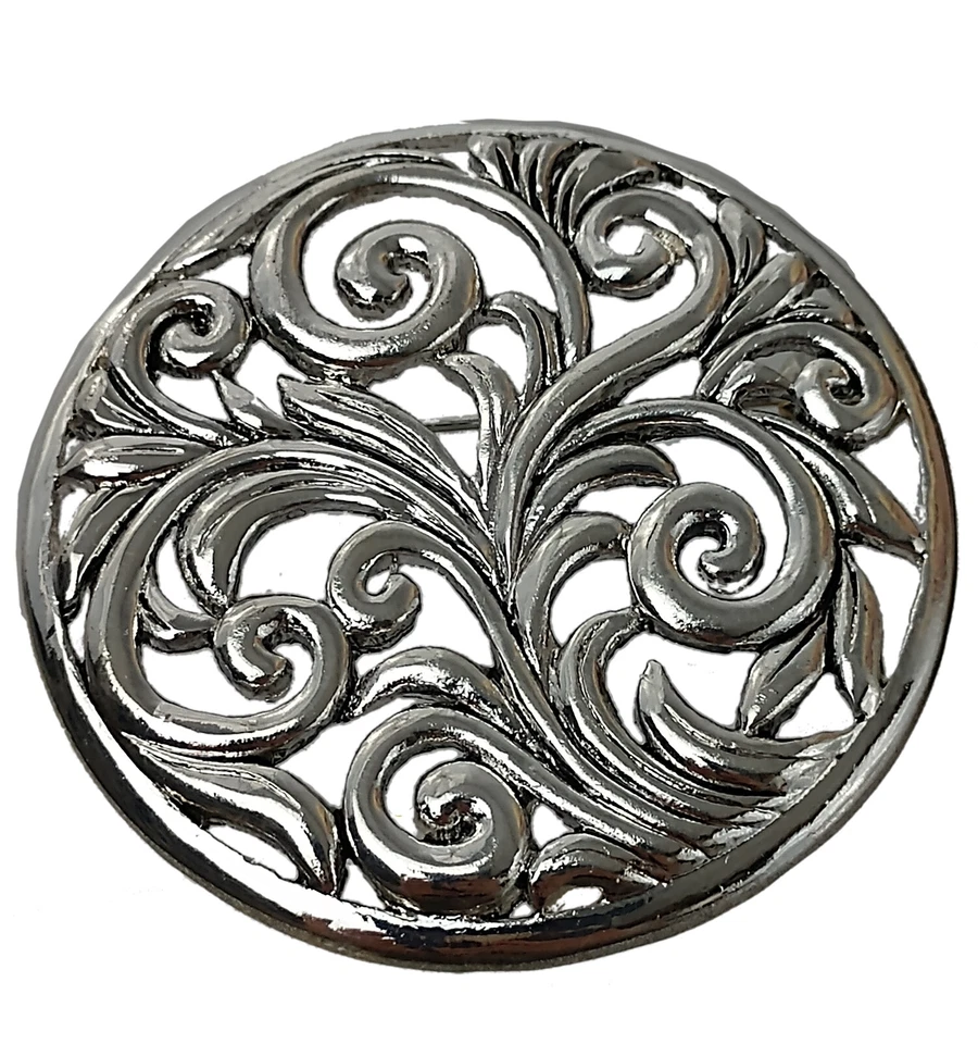 Silver Tone Openwork Leaves Nature Large Round Decorative Brooch Pin 1 3/4" - Image 1 of 4