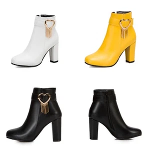 Women's High Block Heel Square Toe Shoes Metal Love Zip Faux Leather Ankle Boots - Picture 1 of 29