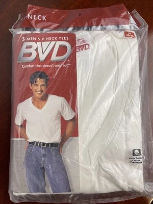 Винтажные мужские футболки BVD упаковка 3 шт. белые с v-образным вырезом без усадки хлопок размер M 1996 - Изображение 1 из 4