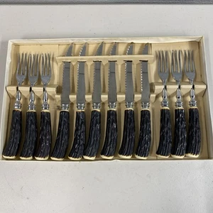 Vintage 12 Piece Steak Knife & Fork Set -Faux Stag Antler bone Handles - Picture 1 of 16