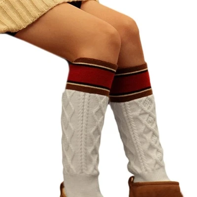Women Loose Slouch Leg Warmers Colorblock Striped Cable Knit Snow Boot Socks - image 1 of 4