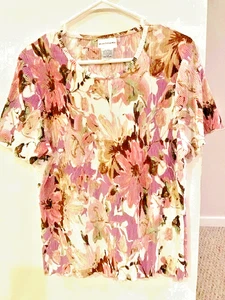 BONWORTH DAMEN BLUSE/TOP MAUVE/GEBLÜMT,PULLOVER, DEHNBAR, KURZARM, L-PETITE - Bild 1 von 5