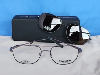 New Revolution Eyeglass Frame w/ Magnetic Sun Clip Dutton Black Metal 55-17-140 - Image 1 of 4