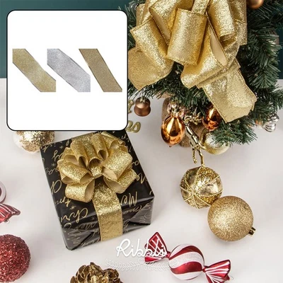 Christmas 6M Gold Glitter Ribbon Wired with Metallic Edge for Craft Projects - Image 1 of 4