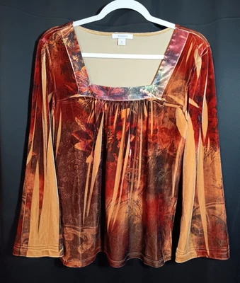 Dress Barn Floral Velvet Top M Square Neck Flare Sleeve Fairy Whimsigoth Fall - Image 1 of 4