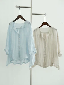 Camicia donna retrò Ramie girocollo sciolta primavera ed estate cardigan blusa top - Foto 1 di 9