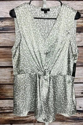 Alfani Size Large Green Cream Sleeveless V Neck Top New Career Satin - Image 1 of 4