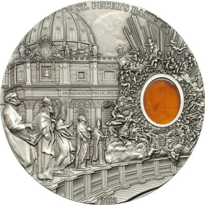 Palau 2013 St Peters Basilica Mineral Art 2 Oz $10 Pure Silver Coin Amber Insert - Image 1 of 2