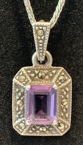 925 Sterling Silver Marcasite Amethyst Pendant Necklace - Picture 1 of 4